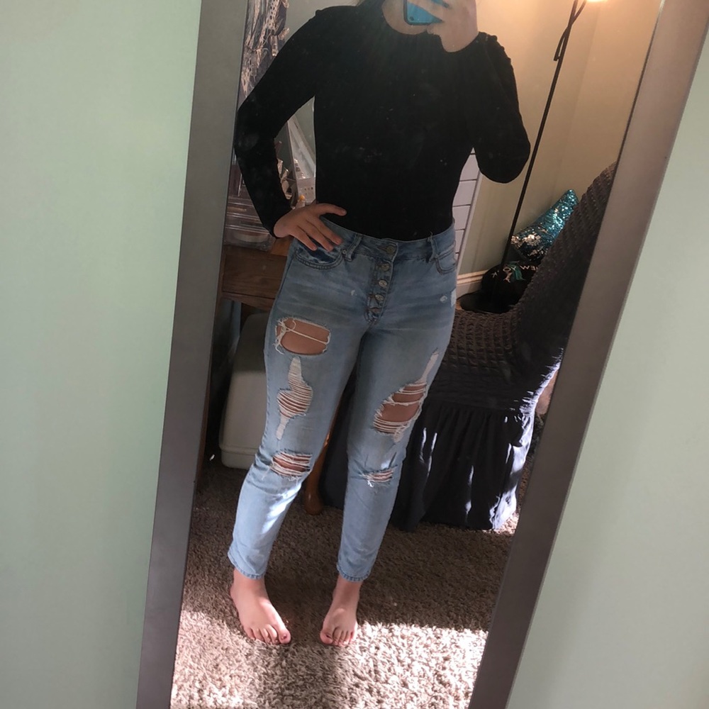 high waisted distressed mom jeans